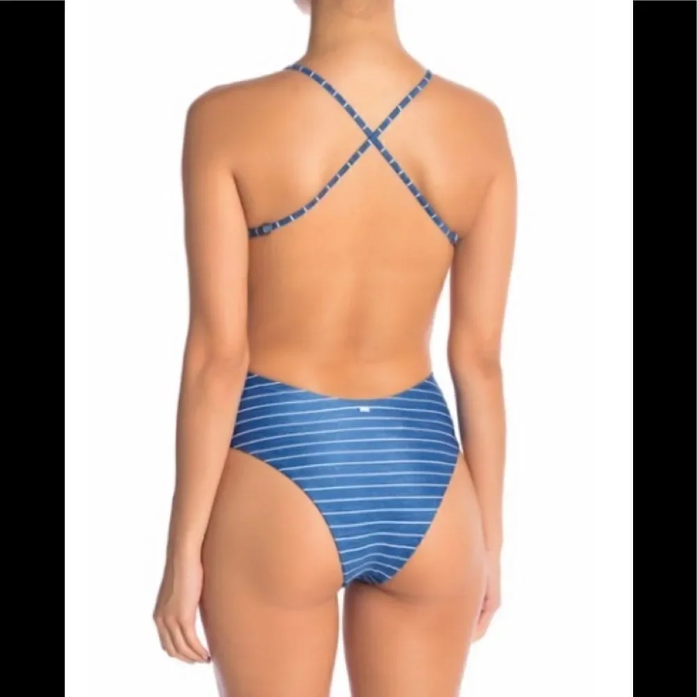Rip Curl blue stripe plunge neck cheeky swimsuit. New